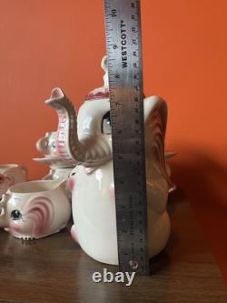 Vintage 1950's Ceramic ELEPHANT Tea Pot, Cups, Saucers, Creamer, Sugar Set. EUC