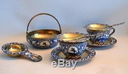 Vintage 1950s 10 Piece Russian Silver and Enamel Tsar Tea Set