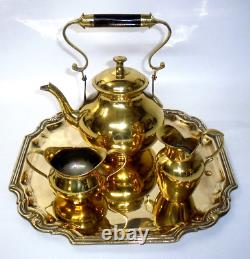 Vintage 4-Piece Polished Brass Tea Set from India, Tea Pot, Sugar, Creamer, Tray