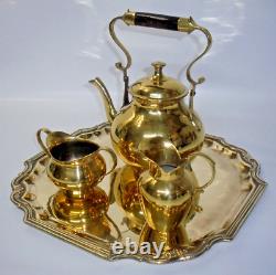 Vintage 4-Piece Polished Brass Tea Set from India, Tea Pot, Sugar, Creamer, Tray