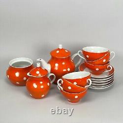 Vintage 50s Soviet MCM Dulevo Orange Polka Dot Teapot Creamer Sugar Tea Set of 6