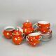 Vintage 50s Soviet Mcm Dulevo Orange Polka Dot Teapot Creamer Sugar Tea Set Of 6