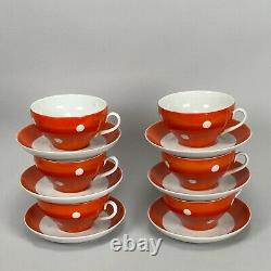 Vintage 50s Soviet MCM Dulevo Orange Polka Dot Teapot Creamer Sugar Tea Set of 6