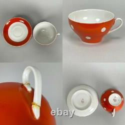 Vintage 50s Soviet MCM Dulevo Orange Polka Dot Teapot Creamer Sugar Tea Set of 6