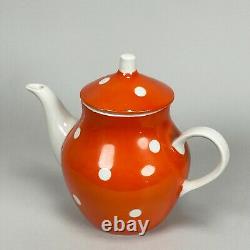 Vintage 50s Soviet MCM Dulevo Orange Polka Dot Teapot Creamer Sugar Tea Set of 6