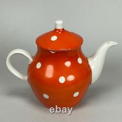 Vintage 50s Soviet MCM Dulevo Orange Polka Dot Teapot Creamer Sugar Tea Set of 6