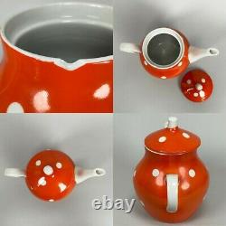 Vintage 50s Soviet MCM Dulevo Orange Polka Dot Teapot Creamer Sugar Tea Set of 6