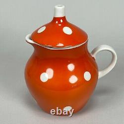 Vintage 50s Soviet MCM Dulevo Orange Polka Dot Teapot Creamer Sugar Tea Set of 6