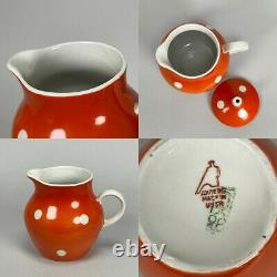 Vintage 50s Soviet MCM Dulevo Orange Polka Dot Teapot Creamer Sugar Tea Set of 6