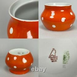 Vintage 50s Soviet MCM Dulevo Orange Polka Dot Teapot Creamer Sugar Tea Set of 6