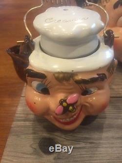 Vintage Anthropomorphic boy With Bee On Nose tea pot, creamer, Sugar Bowl & Salt