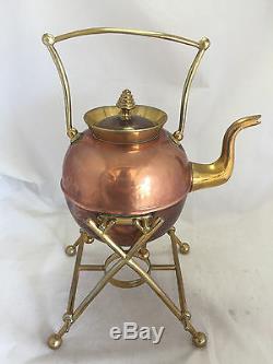 Vintage Antique English Teapot Tea Pot Kettle Warmer Stand Copper Brass 14 x 9