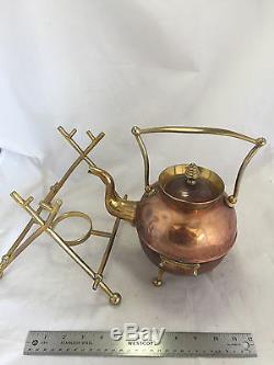 Vintage Antique English Teapot Tea Pot Kettle Warmer Stand Copper Brass 14 x 9