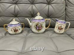 Vintage Antique Iridescent Porcelain 3 Piece Tea Set with Figures Decoration