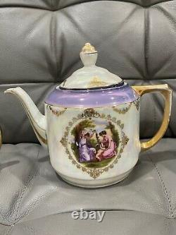 Vintage Antique Iridescent Porcelain 3 Piece Tea Set with Figures Decoration