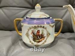 Vintage Antique Iridescent Porcelain 3 Piece Tea Set with Figures Decoration