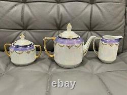 Vintage Antique Iridescent Porcelain 3 Piece Tea Set with Figures Decoration