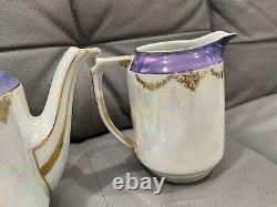 Vintage Antique Iridescent Porcelain 3 Piece Tea Set with Figures Decoration