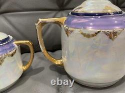 Vintage Antique Iridescent Porcelain 3 Piece Tea Set with Figures Decoration