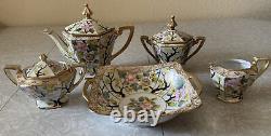 Vintage Antique Set Lot Of Nippon Tea Coffee Pot Cream Sugar Bowl Flowers Gold