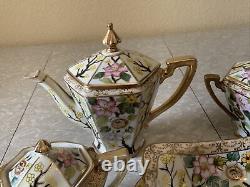 Vintage Antique Set Lot Of Nippon Tea Coffee Pot Cream Sugar Bowl Flowers Gold