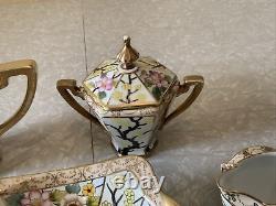 Vintage Antique Set Lot Of Nippon Tea Coffee Pot Cream Sugar Bowl Flowers Gold