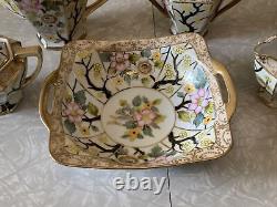 Vintage Antique Set Lot Of Nippon Tea Coffee Pot Cream Sugar Bowl Flowers Gold