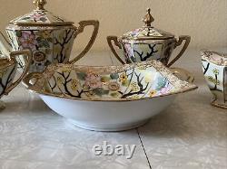 Vintage Antique Set Lot Of Nippon Tea Coffee Pot Cream Sugar Bowl Flowers Gold