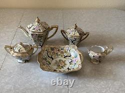 Vintage Antique Set Lot Of Nippon Tea Coffee Pot Cream Sugar Bowl Flowers Gold