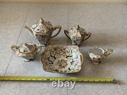 Vintage Antique Set Lot Of Nippon Tea Coffee Pot Cream Sugar Bowl Flowers Gold