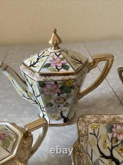 Vintage Antique Set Lot Of Nippon Tea Coffee Pot Cream Sugar Bowl Flowers Gold