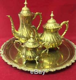 Vintage/Antique Solid Brass Footed Tea Set with Carved Tray