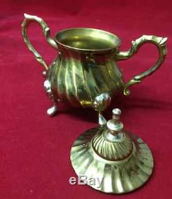 Vintage/Antique Solid Brass Footed Tea Set with Carved Tray