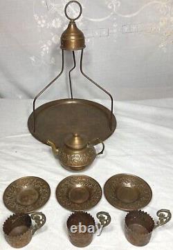 Vintage Antique Turkish Copper Teapot Set of (3) Cups, Coasters and Tray