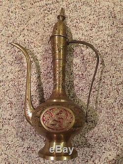 Vintage BRASS ETCHED INDIA TEA POT SET6 GobletsTray Red Green White Inlay W1