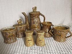 Vintage Basket Weave Japan Tea Pot Creamer Sugar Jelly Salt Pepper Shaker Set