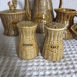 Vintage Basket Weave Japan Tea Pot Creamer Sugar Jelly Salt Pepper Shaker Set
