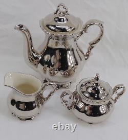Vintage Bavaria Germany Silver Over Porcelain Teapot Creamer & Sugar 3-Piece Set
