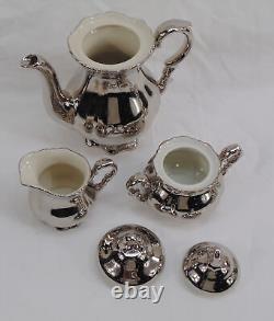 Vintage Bavaria Germany Silver Over Porcelain Teapot Creamer & Sugar 3-Piece Set