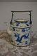 Vintage Blue White Tea Pot Carafe Brass Handle Chinese Dragon Ceramic Lidded