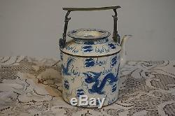 Vintage Blue White Tea Pot Carafe Brass Handle Chinese Dragon Ceramic Lidded