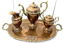 Vintage Brass And Copper Coffee Tea Pot Set Creamer Sugar Bowl Serving Tray