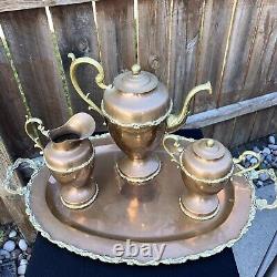 Vintage Brass And Copper Coffee Tea Pot Set Creamer Sugar Bowl Serving Tray