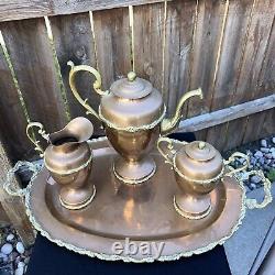 Vintage Brass And Copper Coffee Tea Pot Set Creamer Sugar Bowl Serving Tray