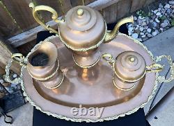 Vintage Brass And Copper Coffee Tea Pot Set Creamer Sugar Bowl Serving Tray