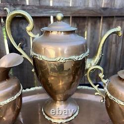 Vintage Brass And Copper Coffee Tea Pot Set Creamer Sugar Bowl Serving Tray