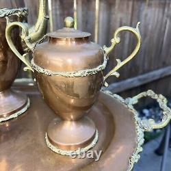 Vintage Brass And Copper Coffee Tea Pot Set Creamer Sugar Bowl Serving Tray