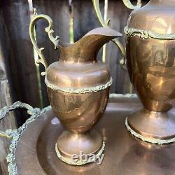 Vintage Brass And Copper Coffee Tea Pot Set Creamer Sugar Bowl Serving Tray
