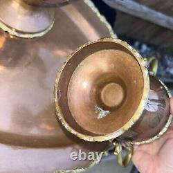 Vintage Brass And Copper Coffee Tea Pot Set Creamer Sugar Bowl Serving Tray