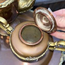 Vintage Brass And Copper Coffee Tea Pot Set Creamer Sugar Bowl Serving Tray